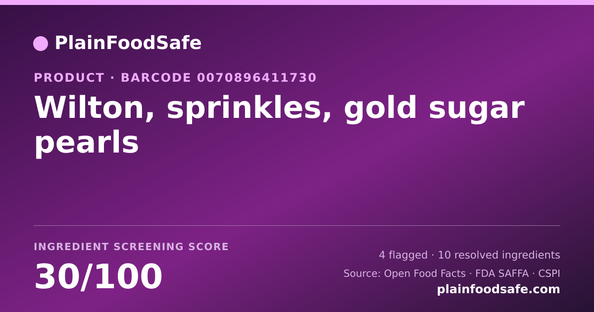 Share card for Wilton, sprinkles, gold sugar pearls Food Ingredient Profile