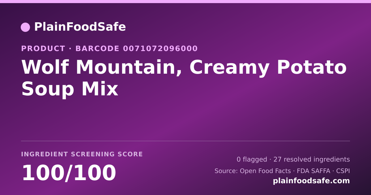 Share card for Wolf Mountain, Creamy Potato Soup Mix Food Ingredient Profile