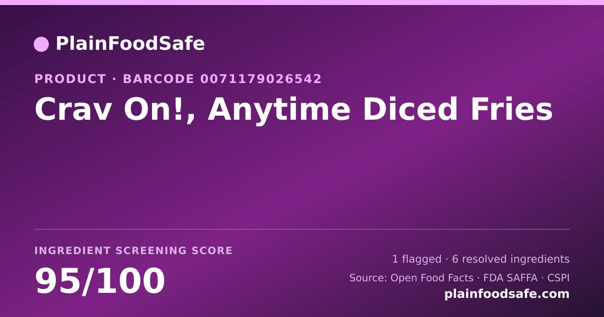 Share card for Crav On!, Anytime Diced Fries Food Ingredient Profile