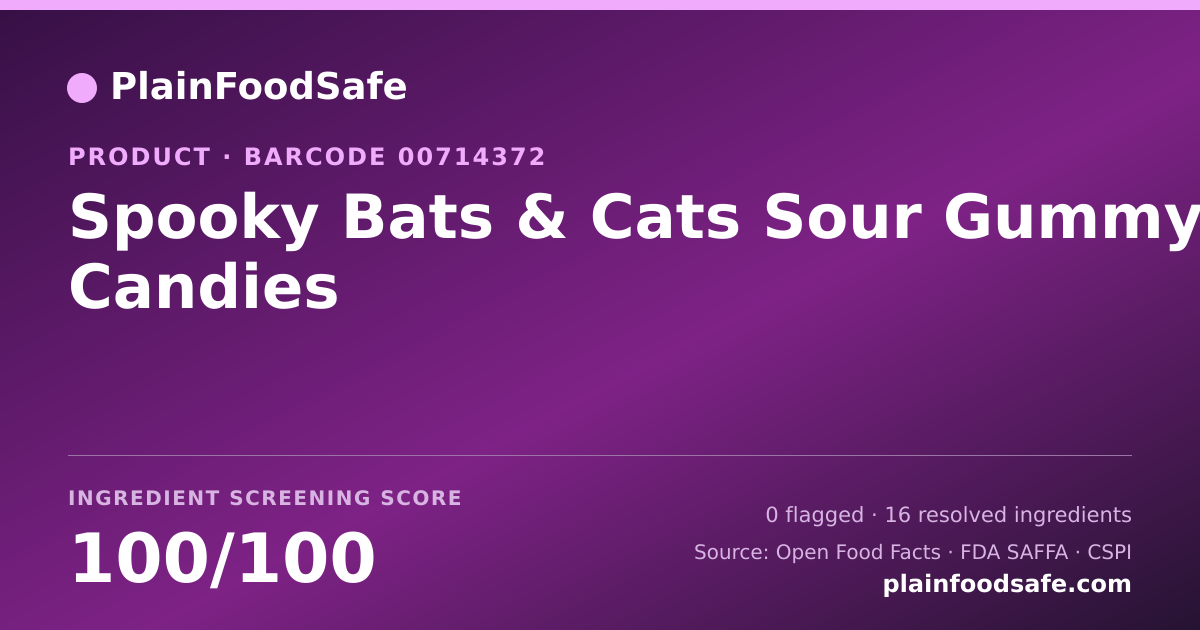 Share card for Spooky Bats & Cats Sour Gummy Candies Food Ingredient Profile