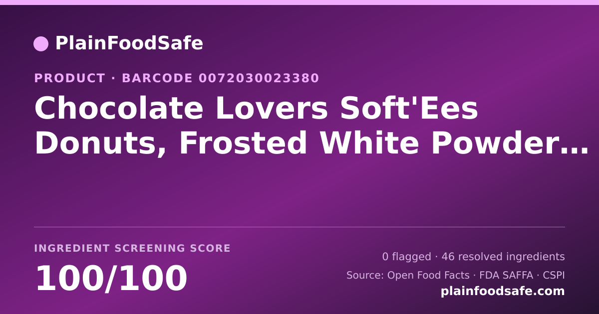 Share card for Chocolate Lovers Soft'Ees Donuts, Frosted White Powdered Cocoa Powdered Food Ingredient Profile