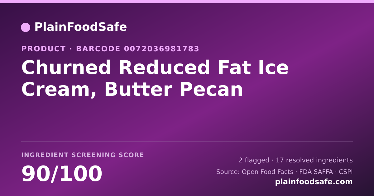 Share card for Churned Reduced Fat Ice Cream, Butter Pecan Food Ingredient Profile