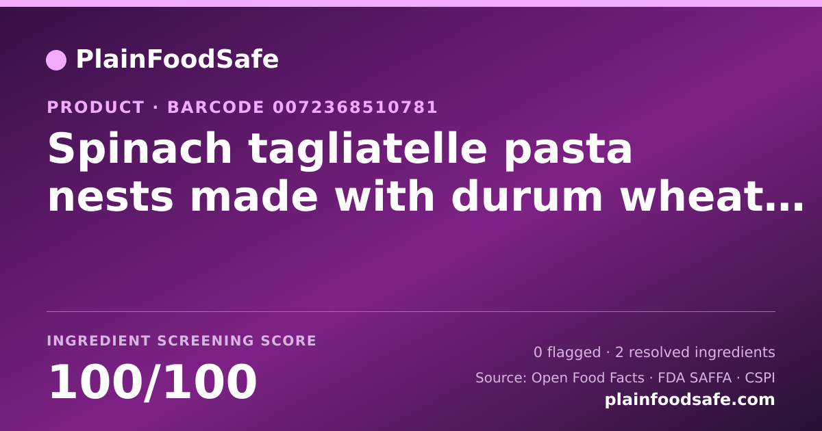 Share card for Spinach tagliatelle pasta nests made with durum wheat semolina Food Ingredient Profile