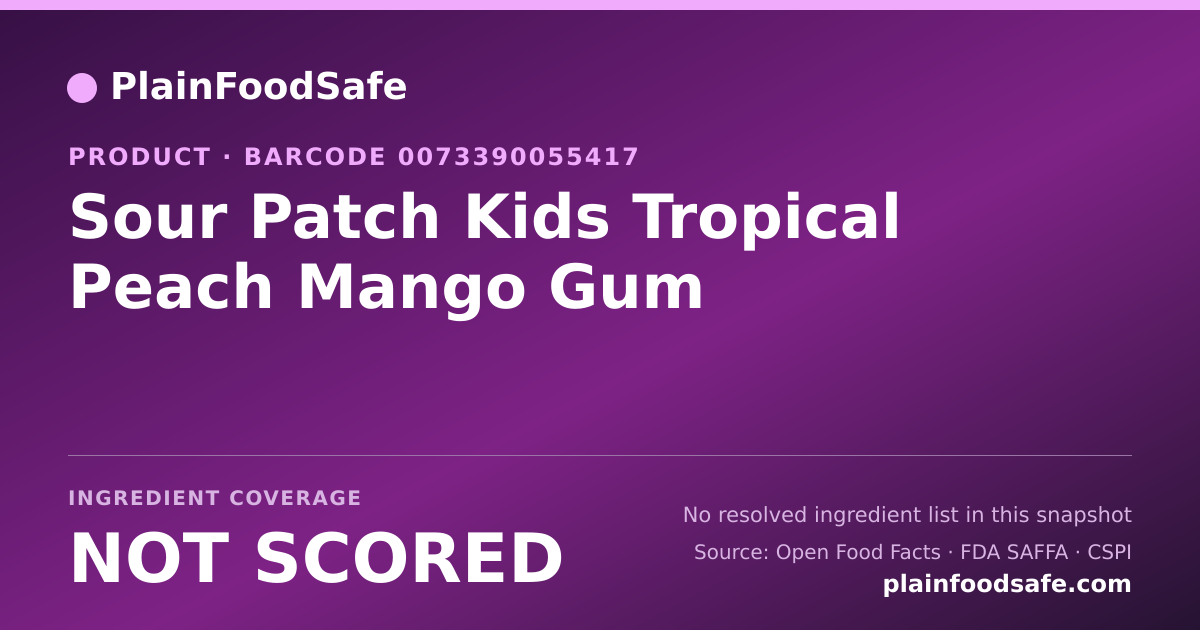 Share card for Sour Patch Kids Tropical Peach Mango Gum Food Ingredient Profile