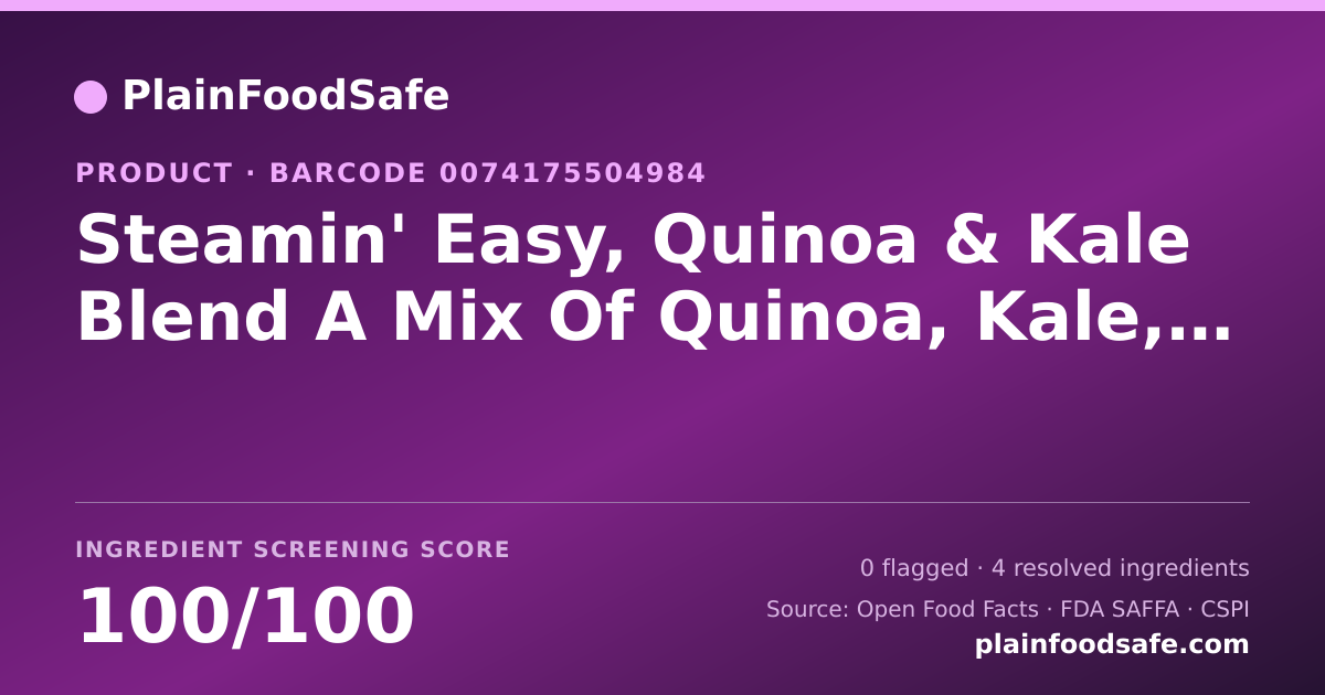 Share card for Steamin' Easy, Quinoa & Kale Blend A Mix Of Quinoa, Kale, Red Quinoa & Red Onions, Quinoa & Kale Blend Food Ingredient Profile