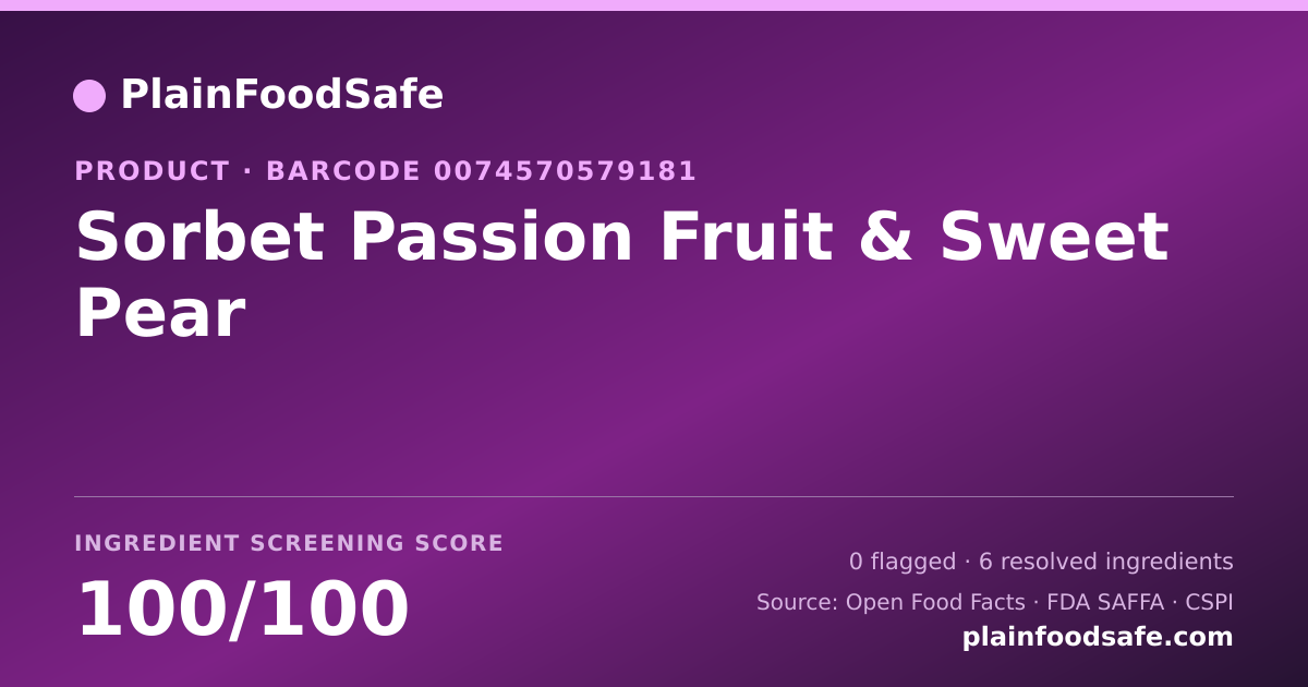 Share card for Sorbet Passion Fruit & Sweet Pear Food Ingredient Profile