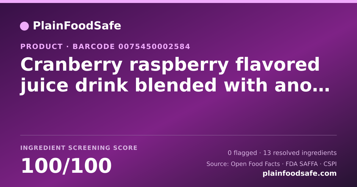 Share card for Cranberry raspberry flavored juice drink blended with another juice from concentrate Food Ingredient Profile