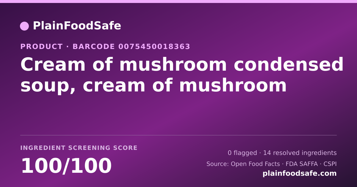 Share card for Cream of mushroom condensed soup, cream of mushroom Food Ingredient Profile