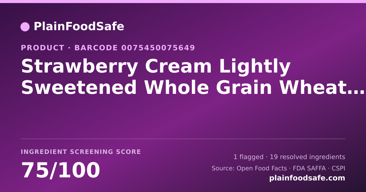 Share card for Strawberry Cream Lightly Sweetened Whole Grain Wheat Cereal Food Ingredient Profile