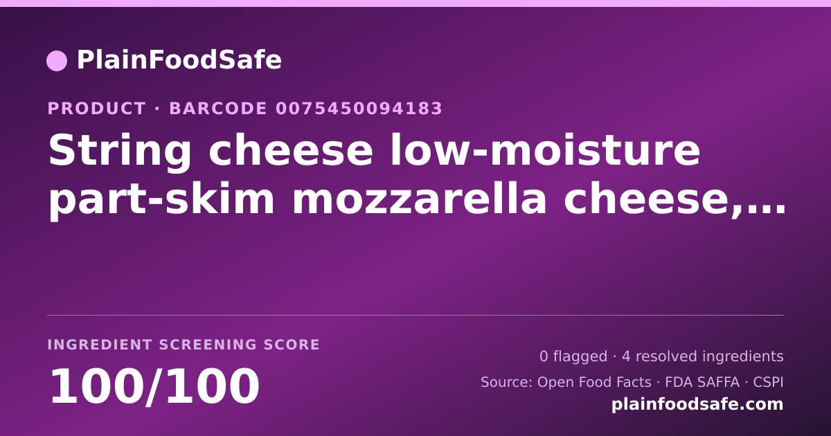Share card for String cheese low-moisture part-skim mozzarella cheese, mozzarella Food Ingredient Profile