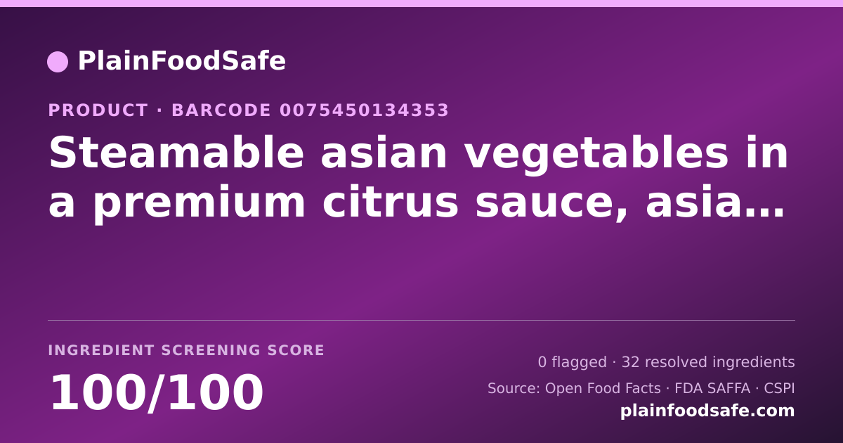 Share card for Steamable asian vegetables in a premium citrus sauce, asian vegetables Food Ingredient Profile