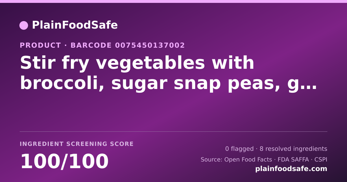 Share card for Stir fry vegetables with broccoli, sugar snap peas, green beans, carrots, celery, water chesnuts, onions & red peppers Food Ingredient Profile