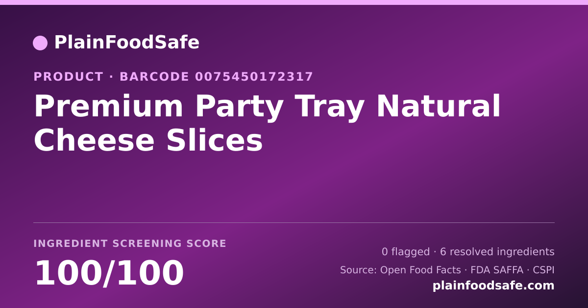Share card for Premium Party Tray Natural Cheese Slices Food Ingredient Profile