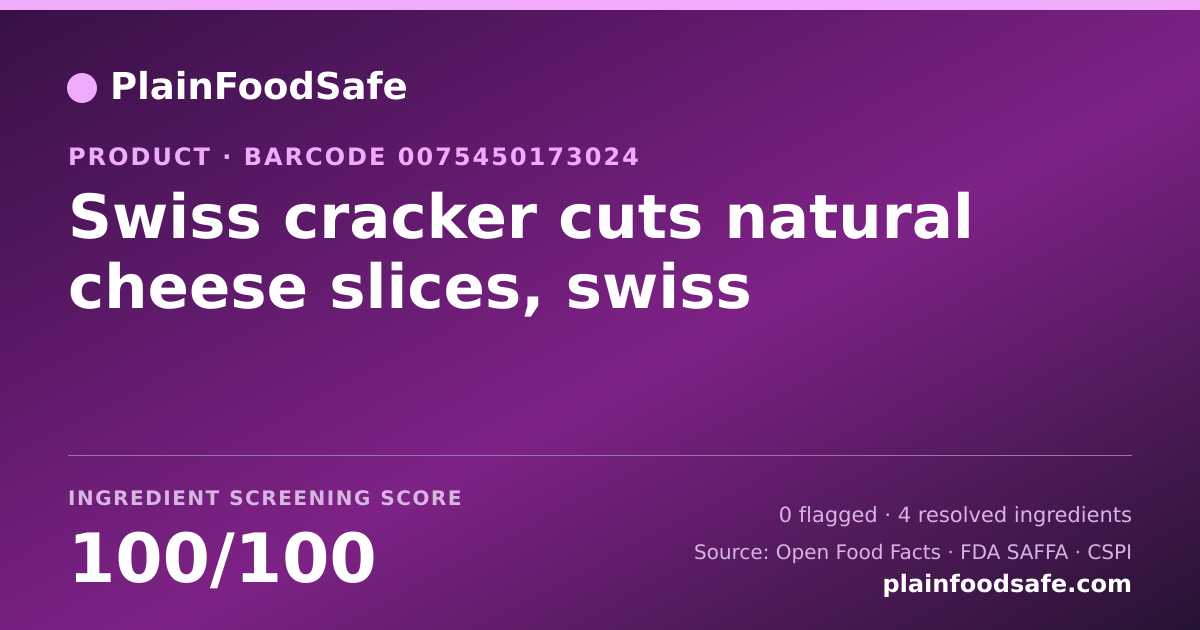 Share card for Swiss cracker cuts natural cheese slices, swiss Food Ingredient Profile