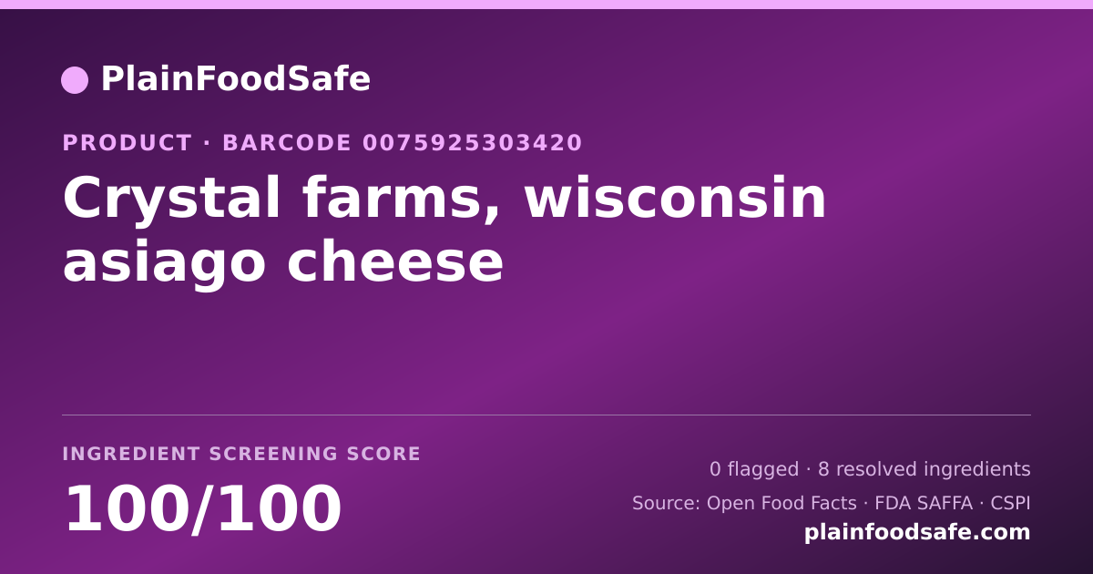 Share card for Crystal farms, wisconsin asiago cheese Food Ingredient Profile