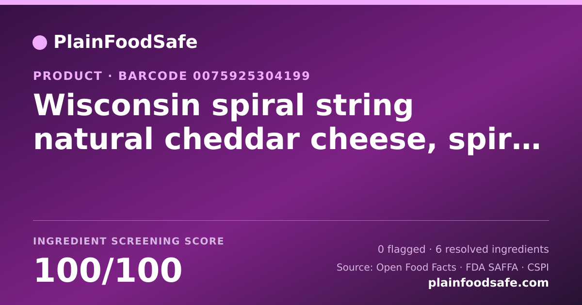 Share card for Wisconsin spiral string natural cheddar cheese, spiral string cheese Food Ingredient Profile