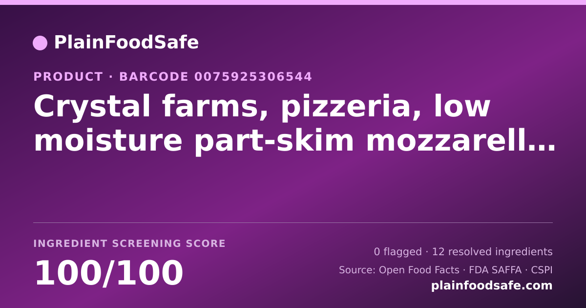 Share card for Crystal farms, pizzeria, low moisture part-skim mozzarella & provolone cheeses Food Ingredient Profile