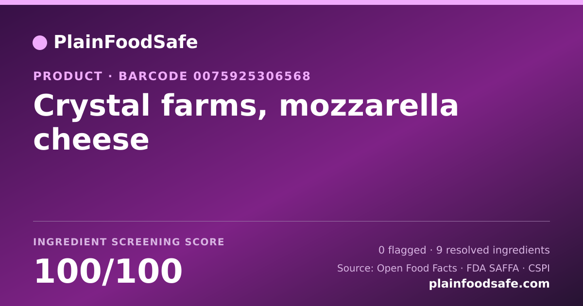 Share card for Crystal farms, mozzarella cheese Food Ingredient Profile