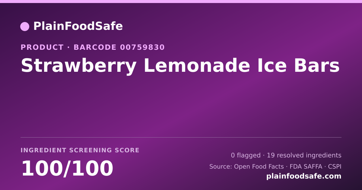 Share card for Strawberry Lemonade Ice Bars Food Ingredient Profile