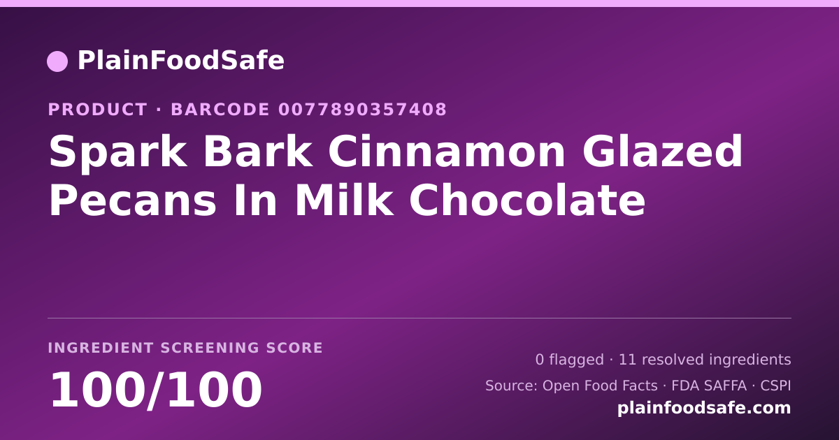 Share card for Spark Bark Cinnamon Glazed Pecans In Milk Chocolate Food Ingredient Profile