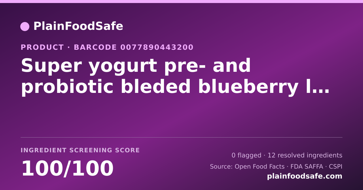 Share card for Super yogurt pre- and probiotic bleded blueberry lowfat yogurt Food Ingredient Profile