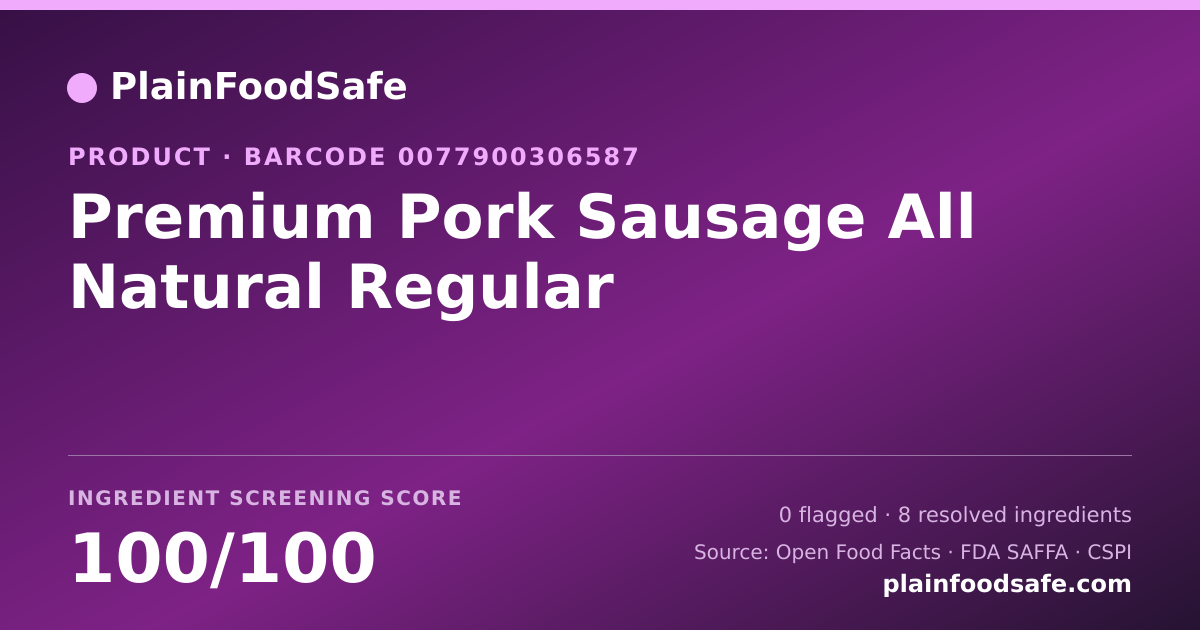 Share card for Premium Pork Sausage All Natural Regular Food Ingredient Profile