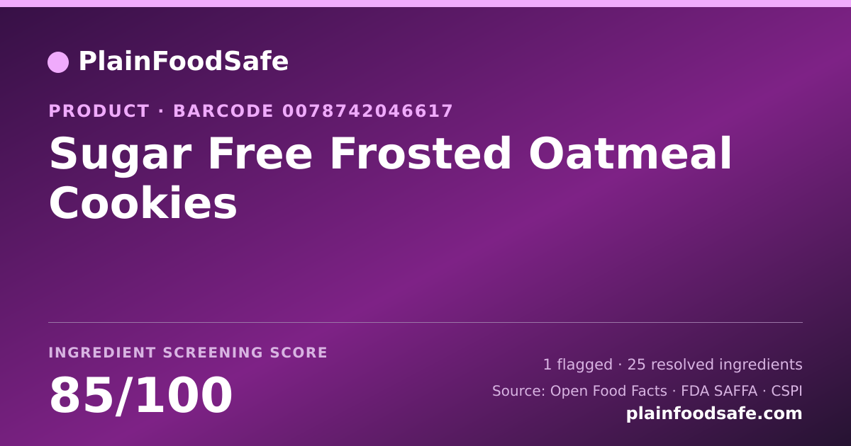 Share card for Sugar Free Frosted Oatmeal Cookies Food Ingredient Profile