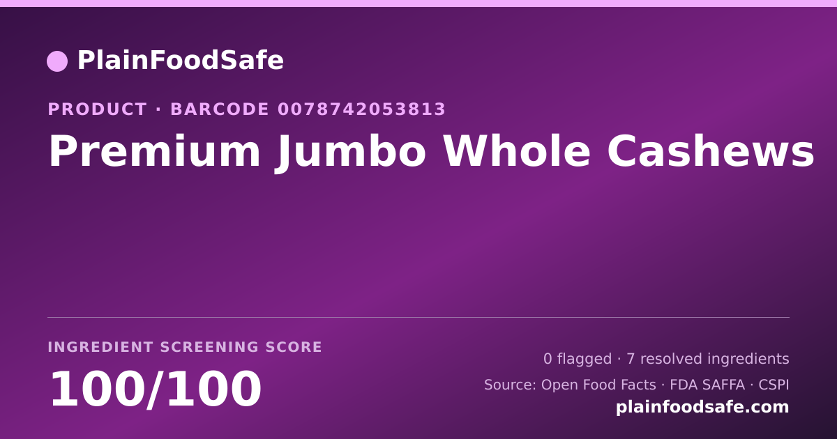 Share card for Premium Jumbo Whole Cashews Food Ingredient Profile