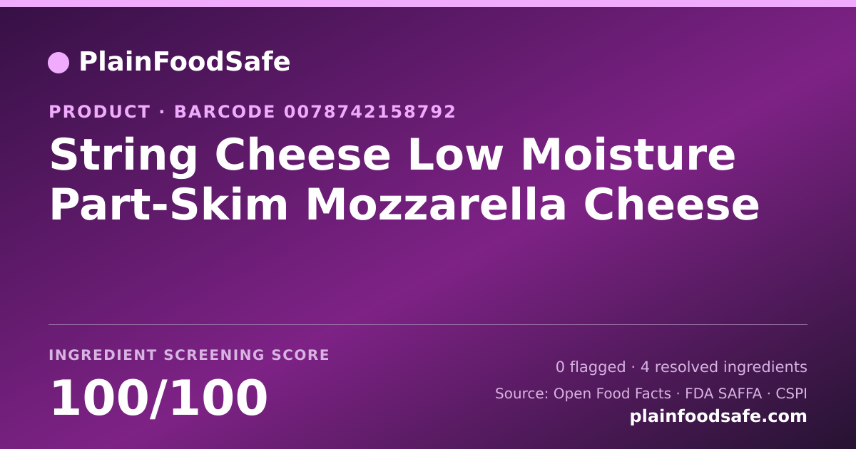 Share card for String Cheese Low Moisture Part-Skim Mozzarella Cheese Food Ingredient Profile