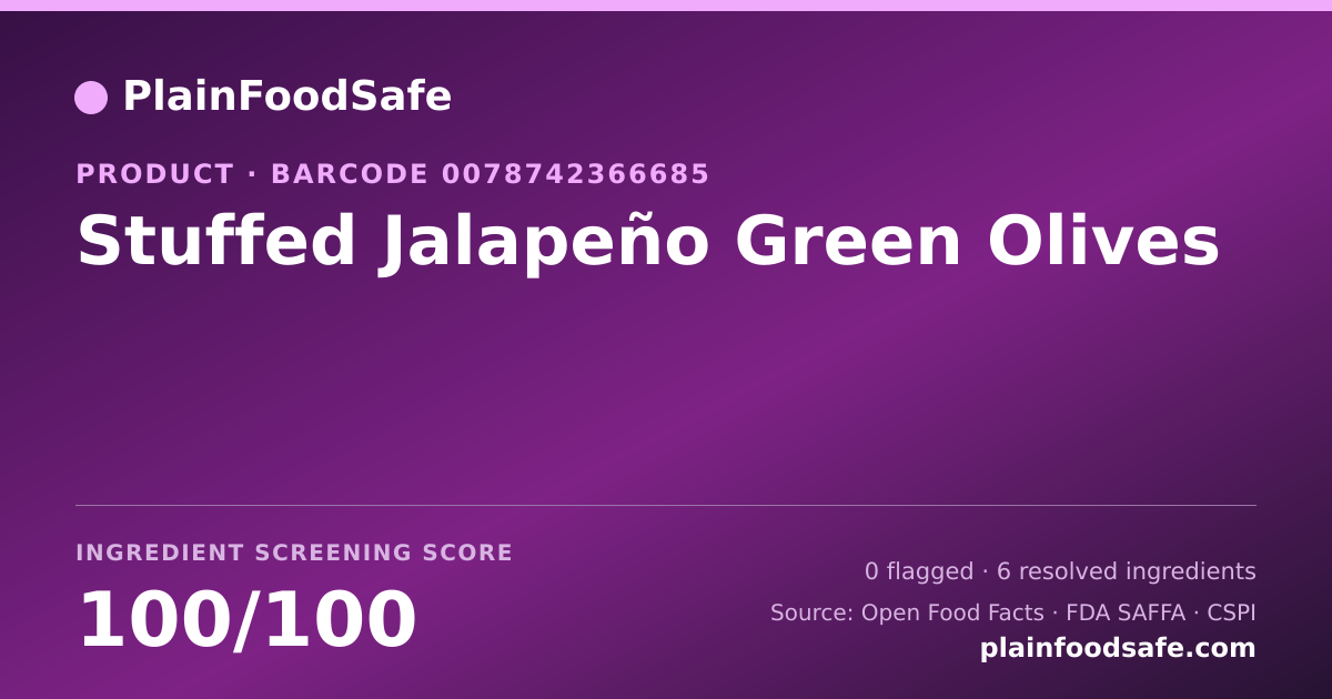 Share card for Stuffed Jalapeño Green Olives Food Ingredient Profile