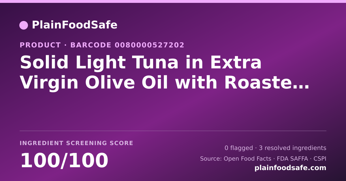 Share card for Solid Light Tuna in Extra Virgin Olive Oil with Roasted Garlic Food Ingredient Profile