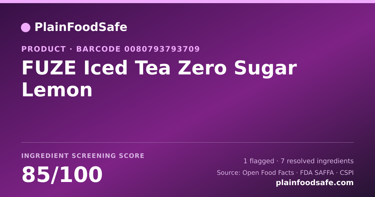 Share card for FUZE Iced Tea Zero Sugar Lemon Food Ingredient Profile