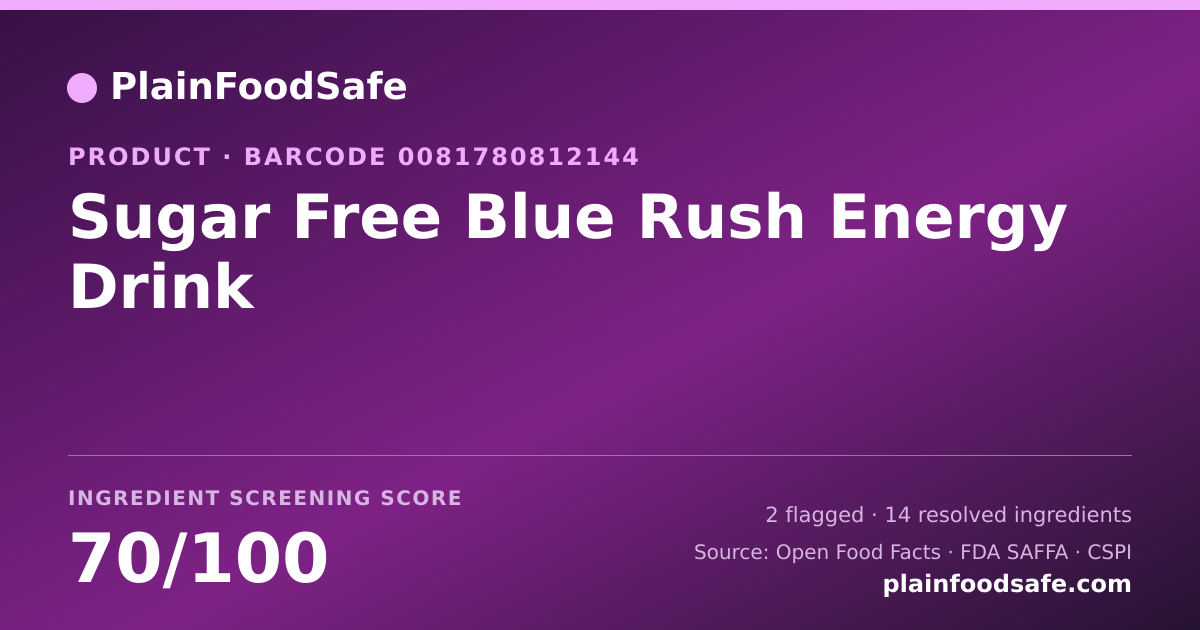 Share card for Sugar Free Blue Rush Energy Drink Food Ingredient Profile