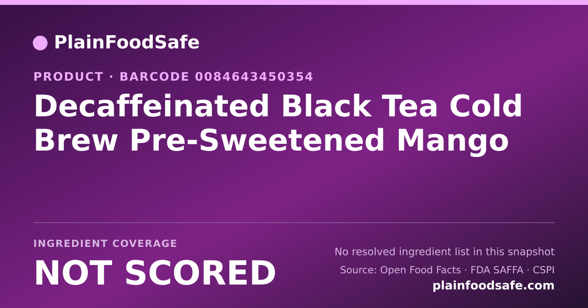 Share card for Decaffeinated Black Tea Cold Brew Pre-Sweetened Mango Food Ingredient Profile