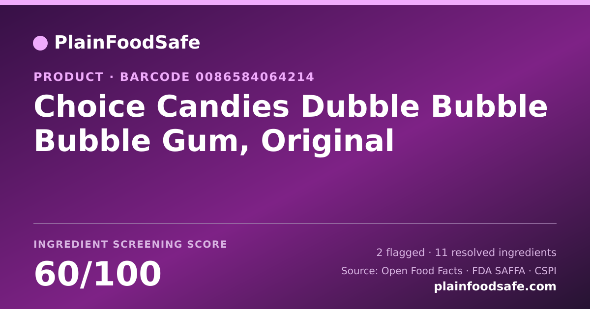 Share card for Choice Candies Dubble Bubble Bubble Gum, Original Food Ingredient Profile