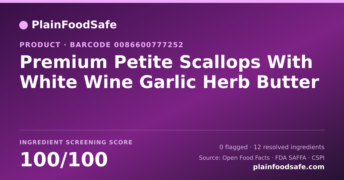 Share card for Premium Petite Scallops With White Wine Garlic Herb Butter Food Ingredient Profile