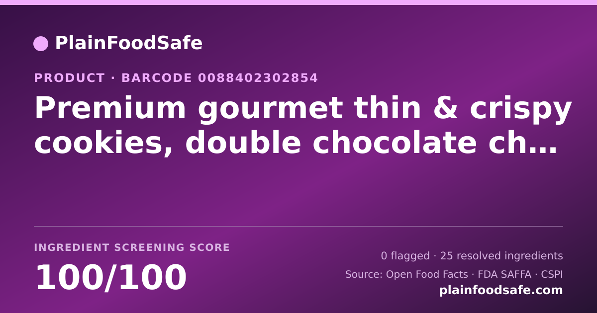 Share card for Premium gourmet thin & crispy cookies, double chocolate chip Food Ingredient Profile