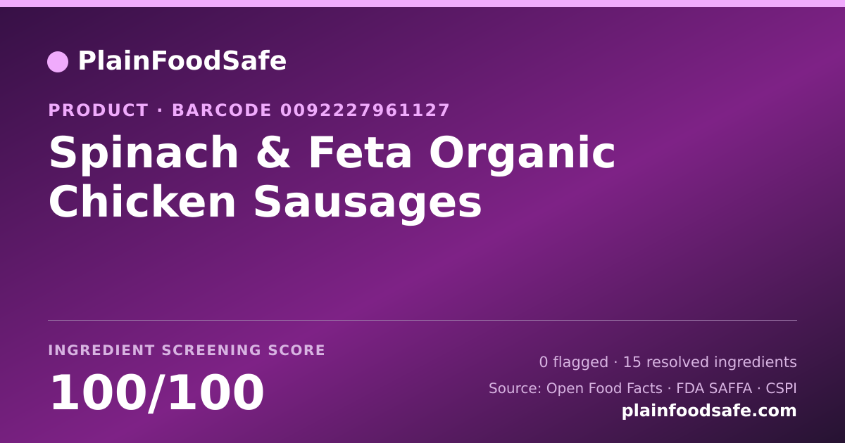 Share card for Spinach & Feta Organic Chicken Sausages Food Ingredient Profile