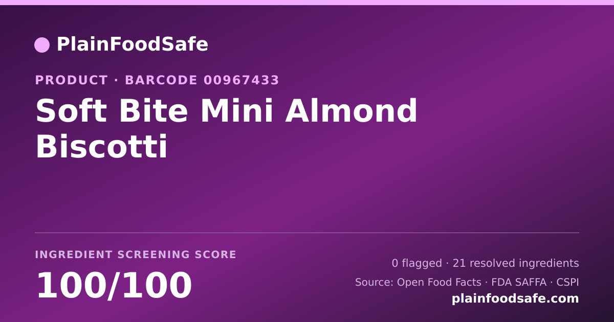 Share card for Soft Bite Mini Almond Biscotti Food Ingredient Profile
