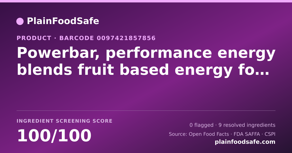 Share card for Powerbar, performance energy blends fruit based energy food, banana blueberry Food Ingredient Profile