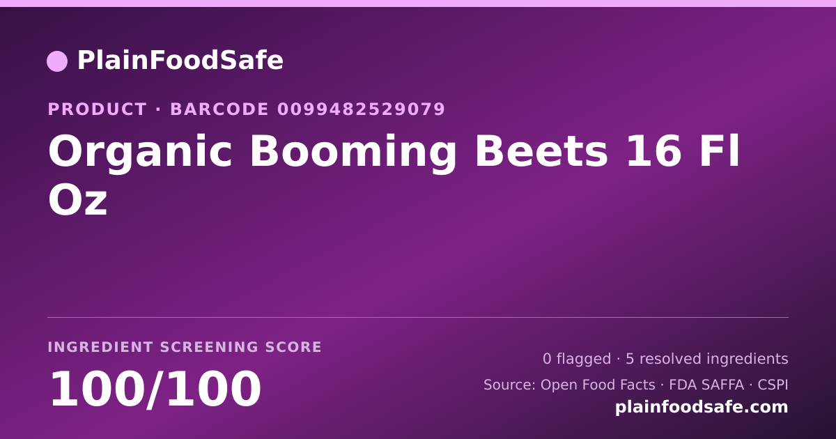 Share card for Organic Booming Beets 16 Fl Oz Food Ingredient Profile
