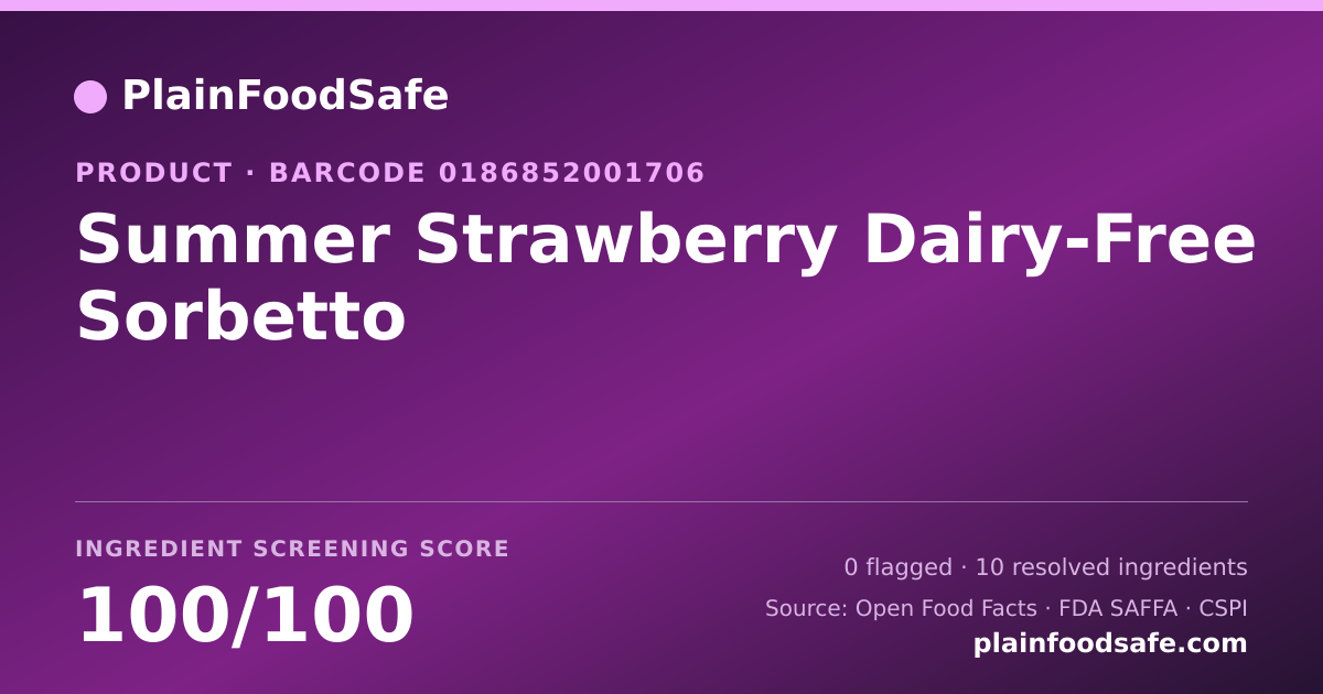 Share card for Summer Strawberry Dairy-Free Sorbetto Food Ingredient Profile