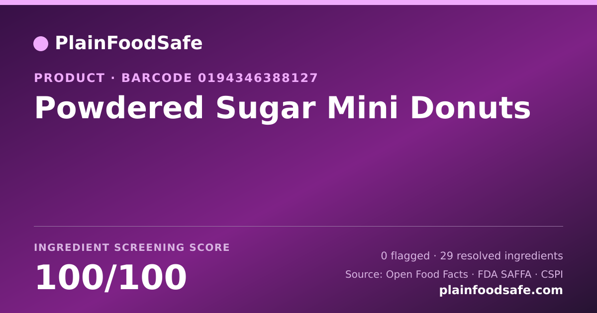 Share card for Powdered Sugar Mini Donuts Food Ingredient Profile