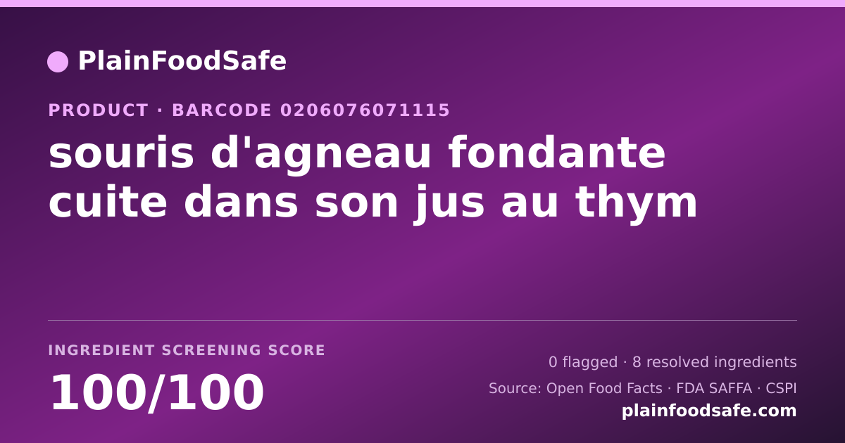 Share card for souris d'agneau fondante cuite dans son jus au thym Food Ingredient Profile