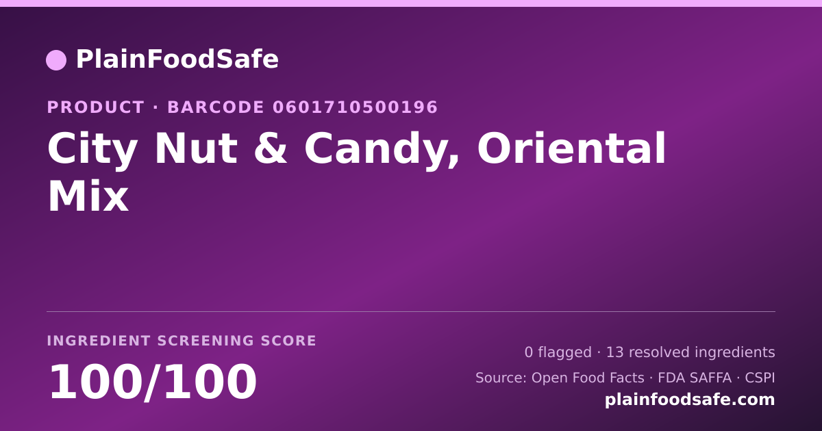 Share card for City Nut & Candy, Oriental Mix Food Ingredient Profile