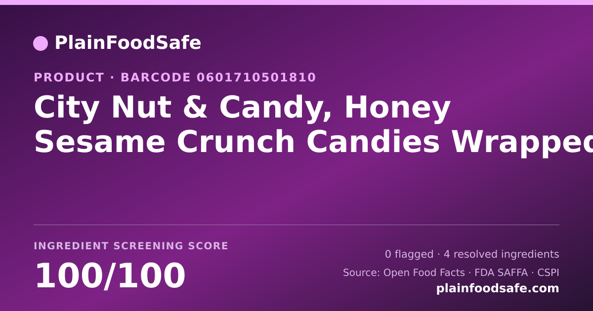 Share card for City Nut & Candy, Honey Sesame Crunch Candies Wrapped Food Ingredient Profile