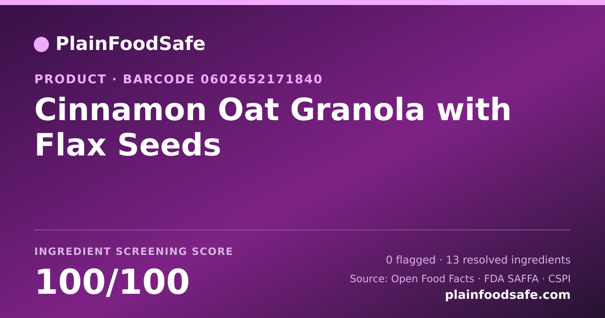 Share card for Cinnamon Oat Granola with Flax Seeds Food Ingredient Profile