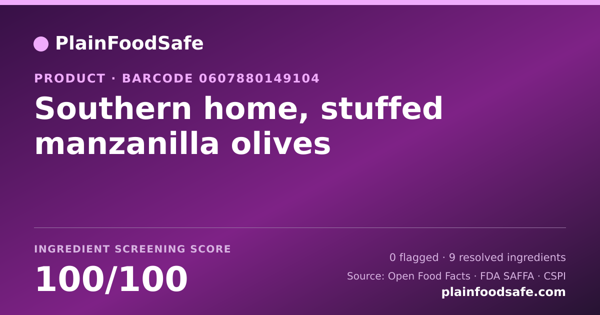 Share card for Southern home, stuffed manzanilla olives Food Ingredient Profile