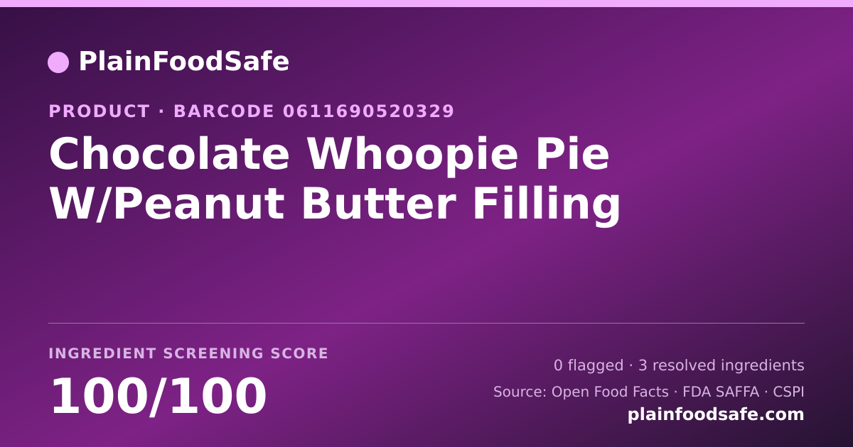 Share card for Chocolate Whoopie Pie W/Peanut Butter Filling Food Ingredient Profile