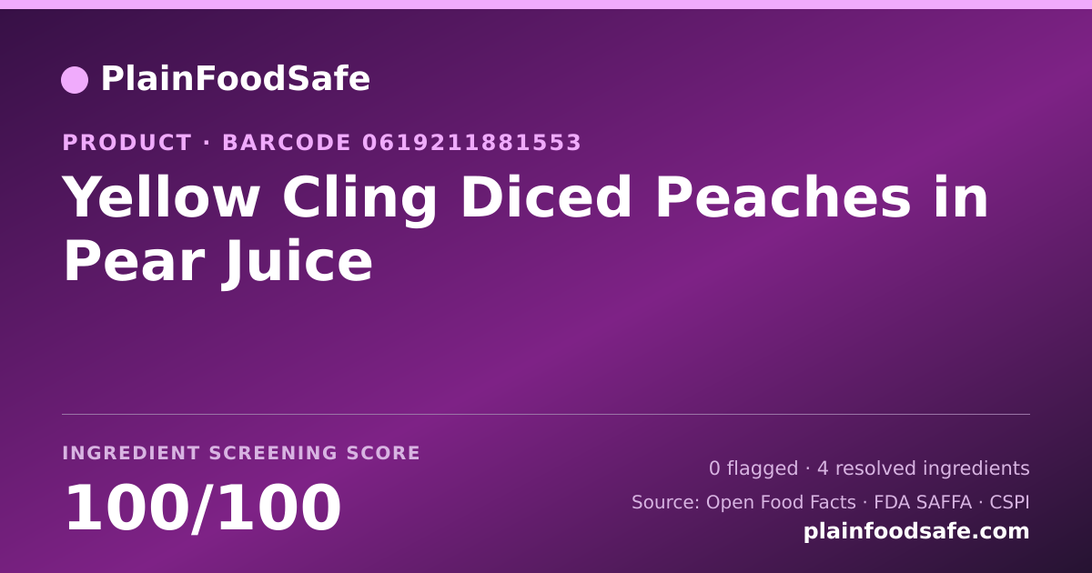Share card for Yellow Cling Diced Peaches in Pear Juice Food Ingredient Profile